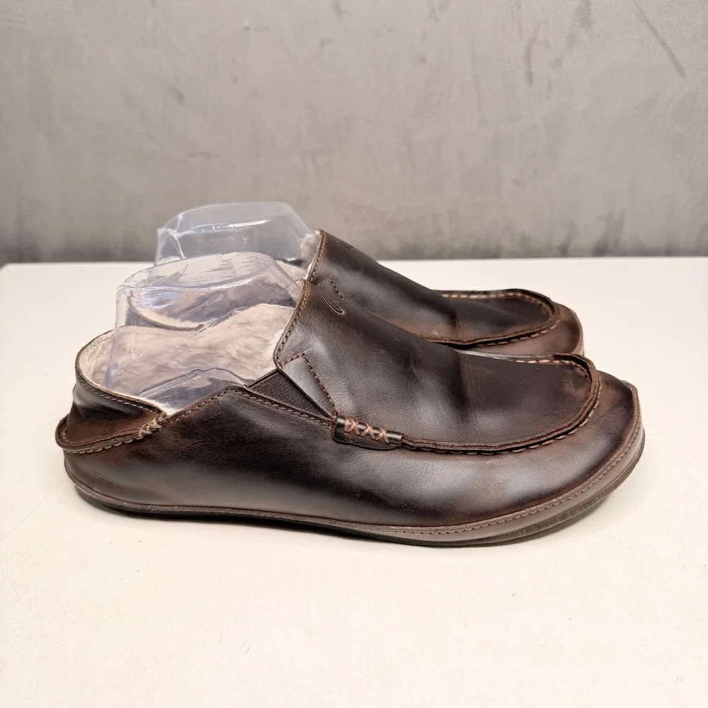 OluKai Moloa Slipper Mens 9 Dark Wood Leather Shearling Lined Loafers